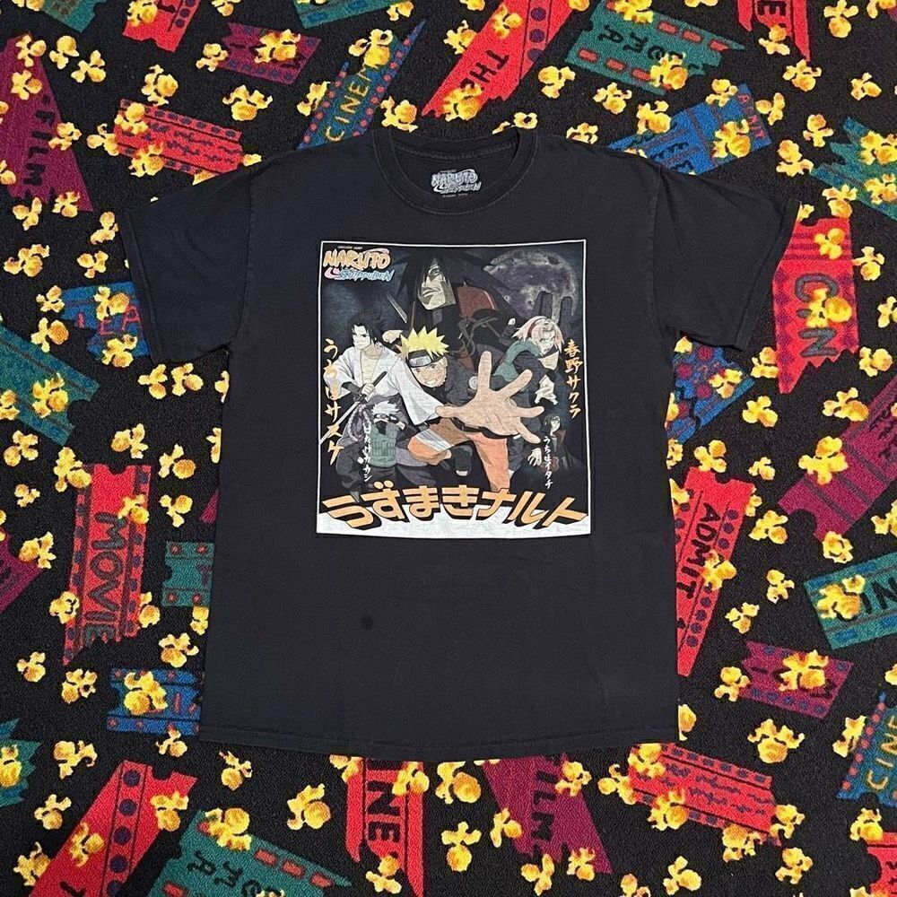 Naruto Shippuden Character Collage Double Sided Black Graphic Tee Shirt / Size M